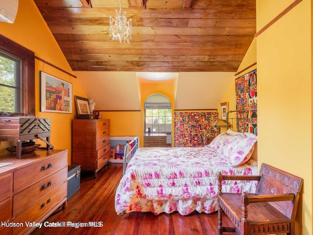 12 Library Ln, Woodstock, NY 12498 - bedroom featuring lofted ceiling, wooden ceiling, wood finished floors, and a chandelier