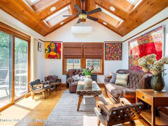 12 Library Ln, Woodstock, NY 12498 - living area featuring a skylight, wood finished floors, healthy amount of natural light, a wall mounted air conditioner, and wooden ceiling