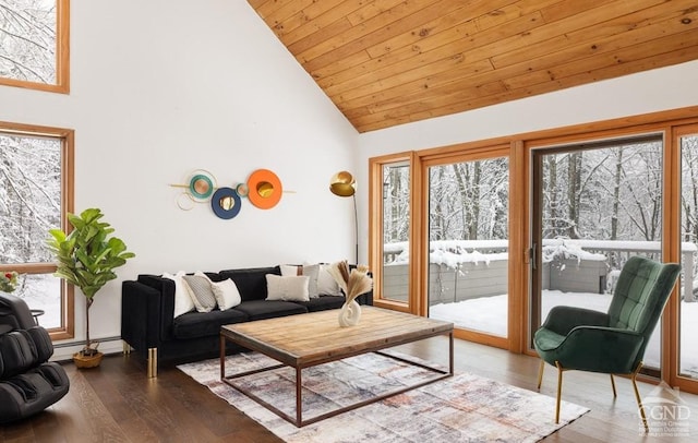 5 Jacob Strasse Rd, Windham, NY 12496 - living area with wood ceiling, a baseboard heating unit, wood finished floors, and high vaulted ceiling