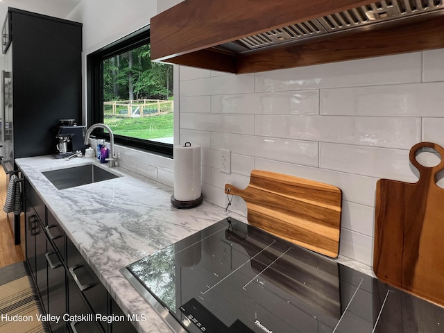 501 Birch St, Copake, NY 12516 - kitchen with premium range hood, decorative backsplash, dark cabinets, and light stone counters