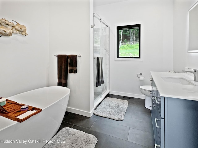 501 Birch St, Copake, NY 12516 - bathroom with double vanity, a stall shower, a freestanding tub, and tile patterned floors