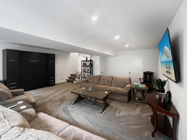 501 Birch St, Copake, NY 12516 - living room featuring light carpet, stairs, and recessed lighting