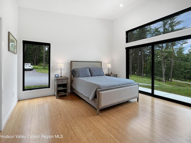 501 Birch St, Copake, NY 12516 - bedroom featuring access to outside, wood finished floors, recessed lighting, and a high ceiling