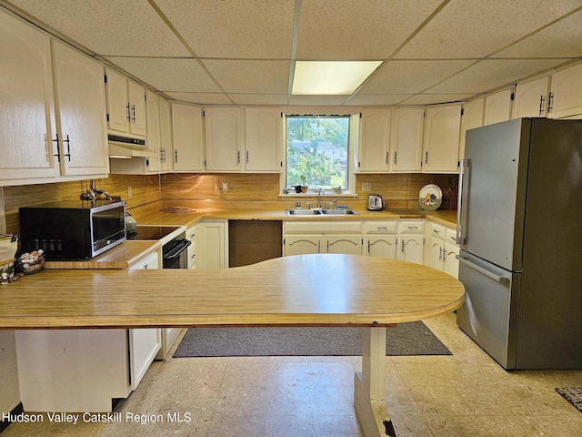 kitchen featuring a drop ceiling, sink, kitchen peninsula, and stainless steel appliances