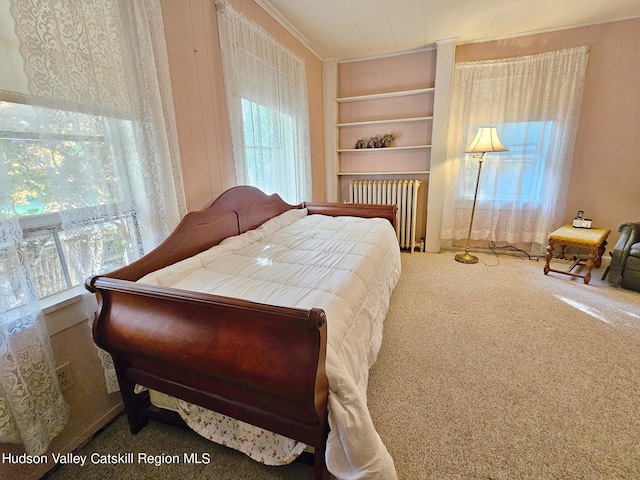 bedroom featuring carpet and radiator heating unit