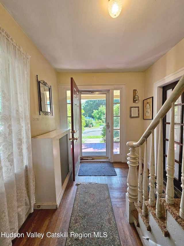 entryway with dark hardwood / wood-style flooring