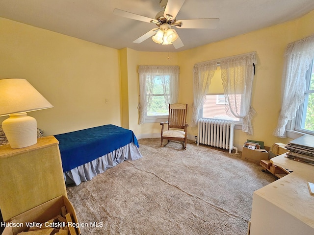 bedroom with ceiling fan, radiator heating unit, carpet floors, and multiple windows