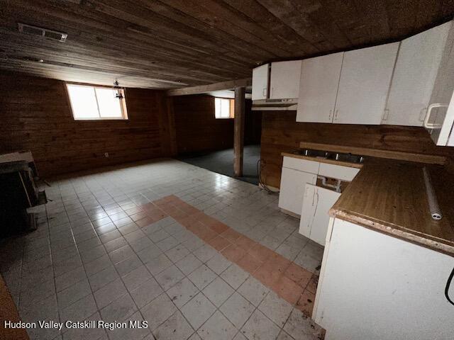 basement with wooden ceiling and wood walls