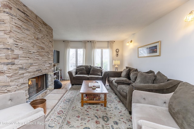 217 Aspen Ter, Poughkeepsie, NY 12601 - living room featuring a stone fireplace and light wood-style floors