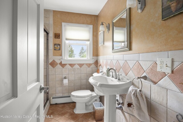 2727 County Route 8, Elizaville, NY 12523 - full bathroom featuring a baseboard heating unit, a shower stall, tile walls, toilet, and wainscoting