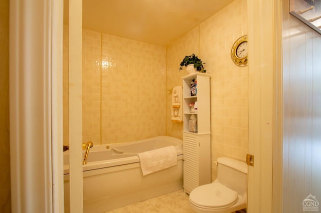 1859 Spruce Ln, Castleton, NY 12033 - bathroom featuring a bath, toilet, and tile walls