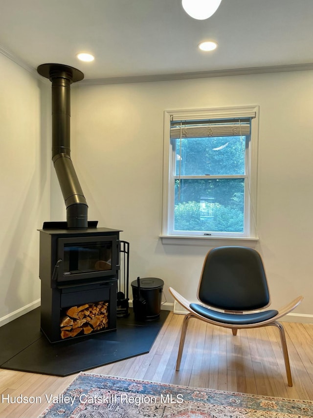 living area featuring hardwood / wood-style flooring and a wood stove