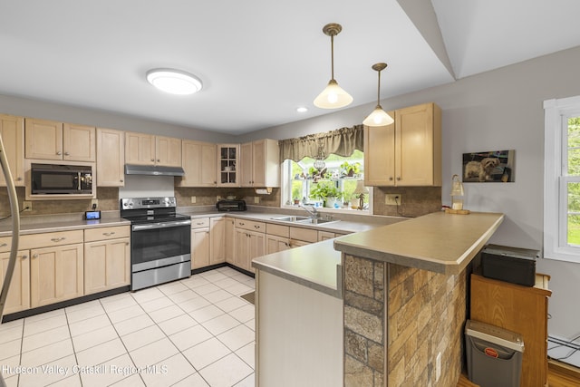 2410 Bruynswick Rd, Wallkill, NY 12589 - kitchen featuring light brown cabinetry, stainless steel electric range oven, under cabinet range hood, black microwave, and a peninsula
