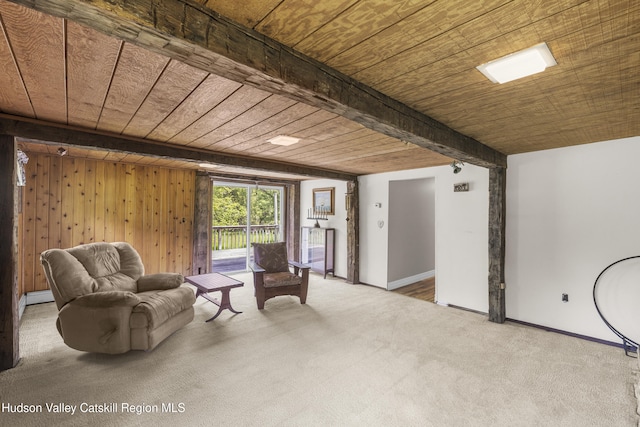 2410 Bruynswick Rd, Wallkill, NY 12589 - sitting room featuring carpet, wood ceiling with exposed beams, baseboards, and a baseboard heating unit