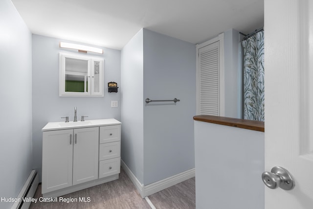 2410 Bruynswick Rd, Wallkill, NY 12589 - full bath featuring wood finished floors, baseboard heating, vanity, and baseboards