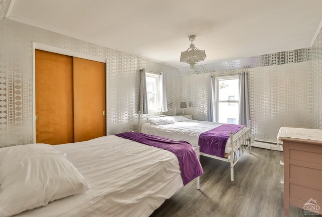 51 Division St, Hunter, NY 12442 - bedroom featuring wood finished floors, a baseboard radiator, crown molding, wallpapered walls, and a closet