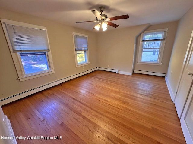 spare room with a baseboard radiator, light hardwood / wood-style flooring, and ceiling fan