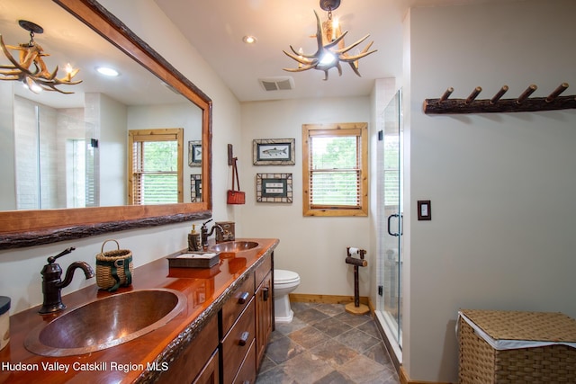 526 Taghkanic Rd, Elizaville, NY 12523 - bathroom with healthy amount of natural light, double vanity, baseboards, a stall shower, and recessed lighting