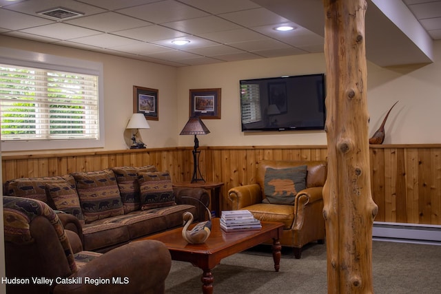 526 Taghkanic Rd, Elizaville, NY 12523 - carpeted living area with wainscoting, a drop ceiling, wood walls, and baseboard heating