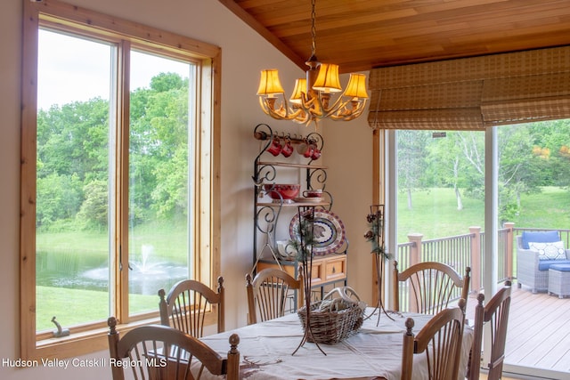 526 Taghkanic Rd, Elizaville, NY 12523 - dining room featuring wood ceiling, a chandelier, and vaulted ceiling