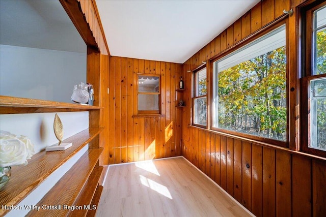 interior space with hardwood / wood-style flooring, plenty of natural light, and wooden walls