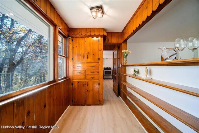 corridor featuring wooden walls and light hardwood / wood-style flooring