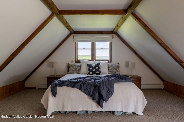 422 Waterview Dr, Andes, NY 13731 - bedroom with a baseboard heating unit, carpet, and wooden walls