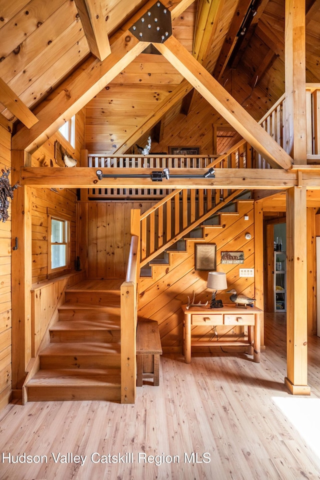422 Waterview Dr, Andes, NY 13731 - stairs featuring wooden walls, wood finished floors, and wood ceiling