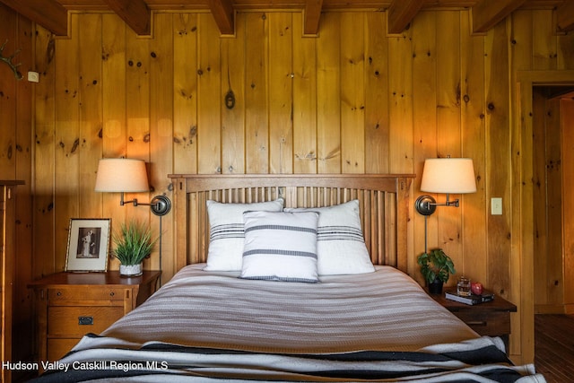 422 Waterview Dr, Andes, NY 13731 - bedroom with beam ceiling, wood walls, and wood finished floors