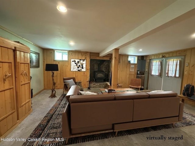 422 Waterview Dr, Andes, NY 13731 - living area featuring wooden walls, a wood stove, and recessed lighting