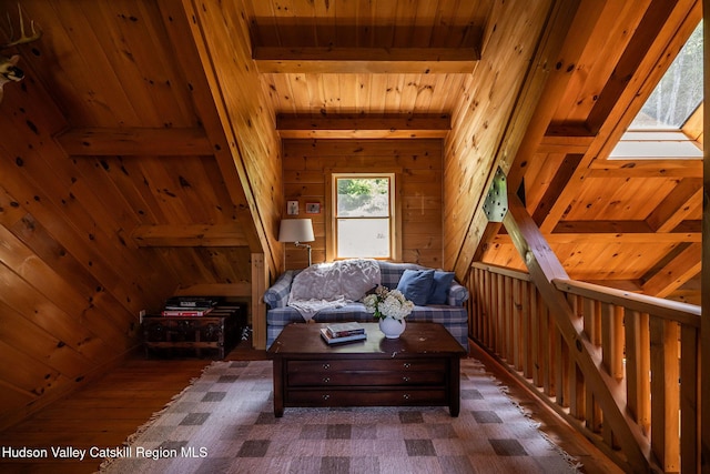 422 Waterview Dr, Andes, NY 13731 - living area featuring wooden ceiling, wooden walls, and dark wood finished floors