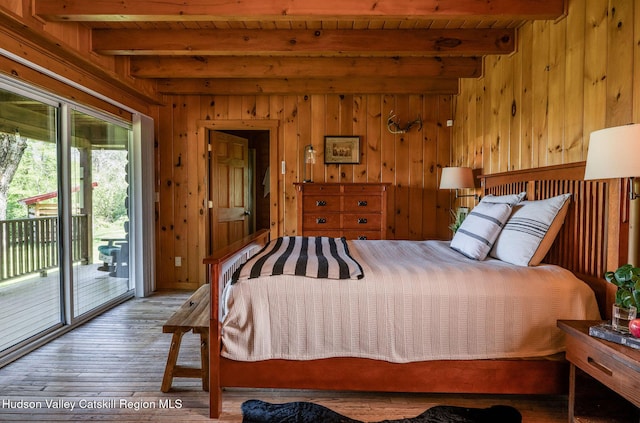 422 Waterview Dr, Andes, NY 13731 - bedroom with access to outside, wooden walls, hardwood / wood-style flooring, and wooden ceiling with exposed beams