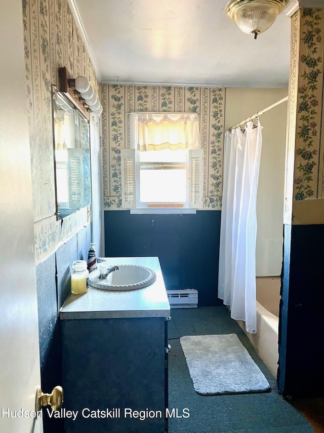 355 Maple Avenue Ext, Germantown, NY 12526 - bathroom with wallpapered walls, a baseboard radiator, vanity, and shower / bath combo