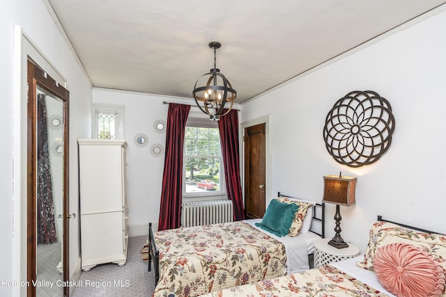 71 Melrose Ave, Albany, NY 12203 - bedroom with radiator heating unit, a chandelier, carpet, and baseboards