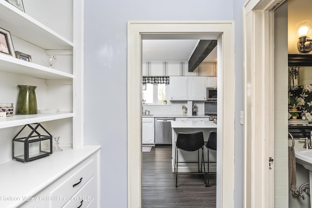 71 Melrose Ave, Albany, NY 12203 - kitchen featuring stainless steel appliances, white cabinets, light countertops, dark wood-type flooring, and open shelves