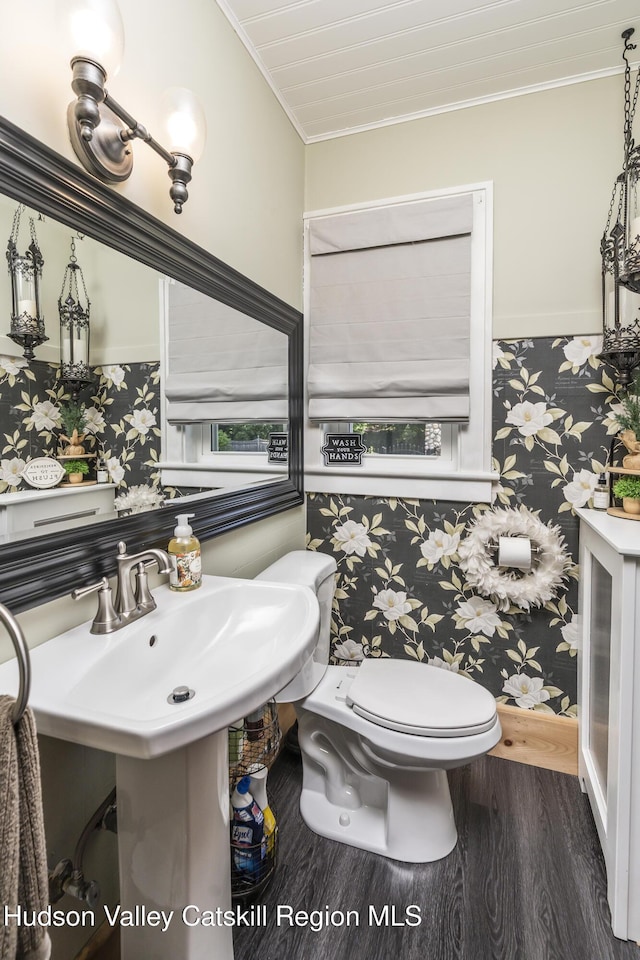 71 Melrose Ave, Albany, NY 12203 - half bath with wood finished floors, crown molding, toilet, wallpapered walls, and a sink