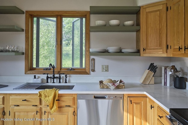 285 Mead Rd, Fleischmanns, NY 12430 - kitchen featuring open shelves, stainless steel dishwasher, plenty of natural light, and light countertops
