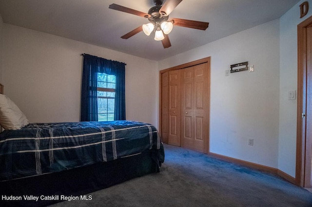 bedroom with carpet flooring, ceiling fan, and a closet