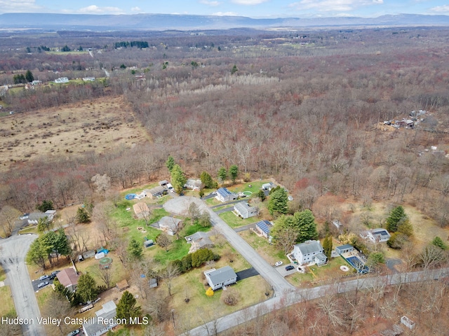 bird's eye view featuring a wooded view