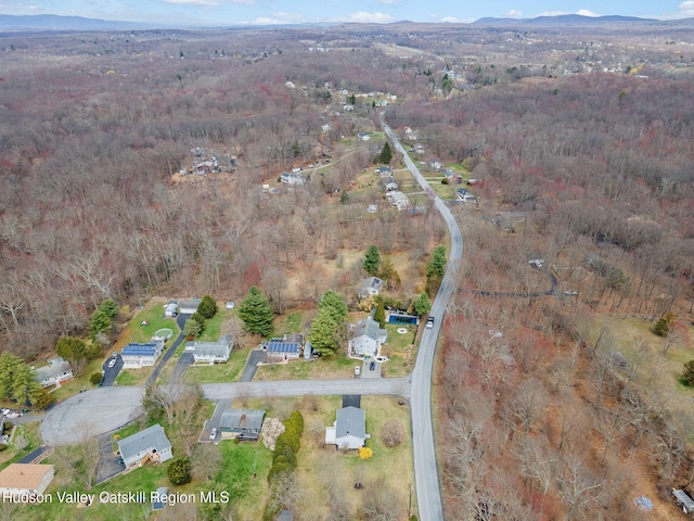 aerial view with a mountain view and a wooded view