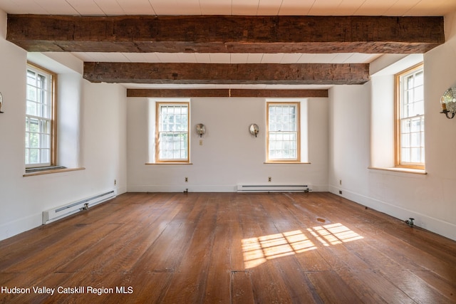 spare room featuring beam ceiling, hardwood / wood-style flooring, and baseboard heating