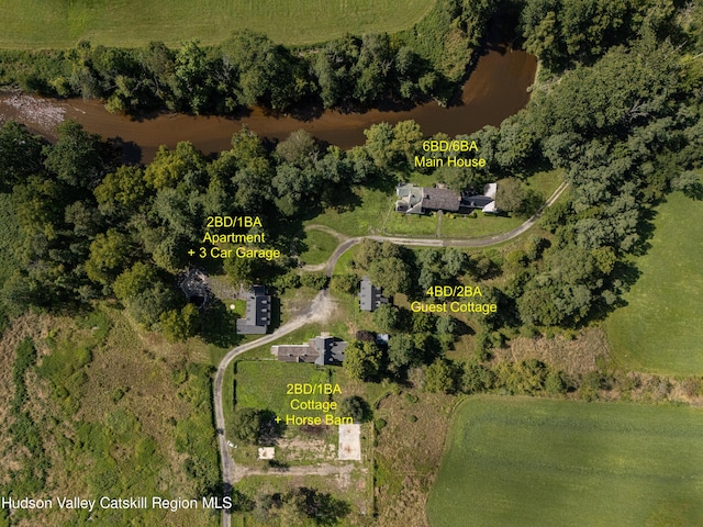 birds eye view of property with a rural view and a water view