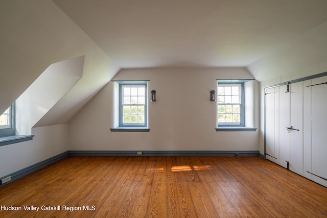 additional living space with lofted ceiling and hardwood / wood-style flooring