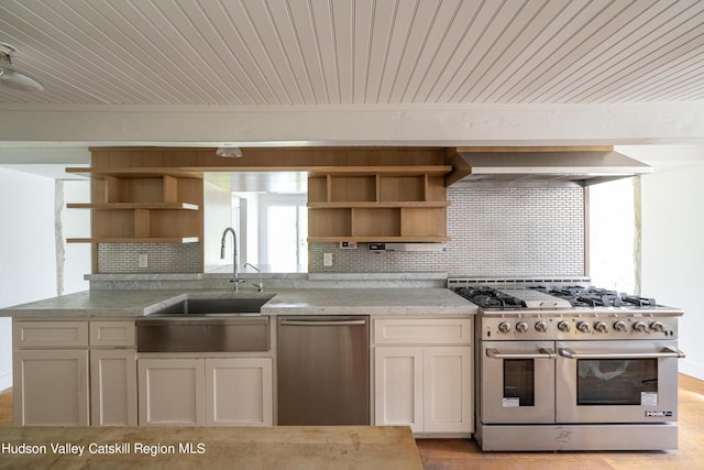 kitchen with backsplash, sink, wall chimney exhaust hood, and stainless steel appliances