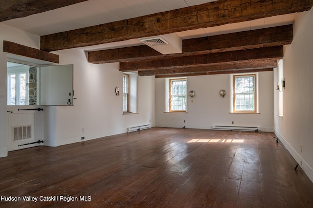 unfurnished room with hardwood / wood-style floors, baseboard heating, and beam ceiling