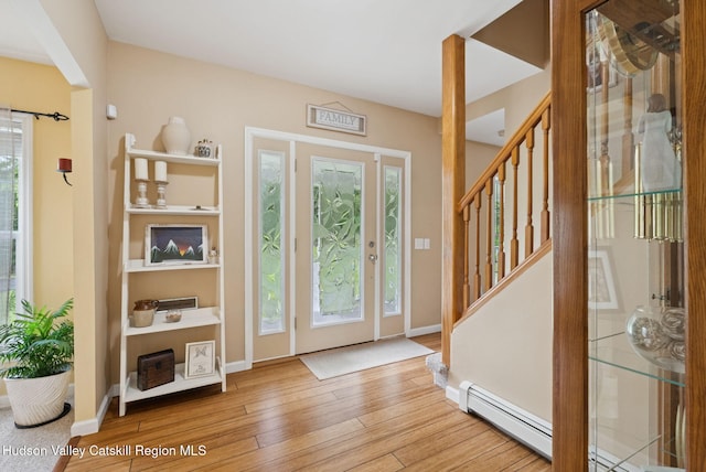 20 Cedar Ridge Rd, Stone Ridge, NY 12484 - foyer entrance with a baseboard heating unit, stairway, and hardwood / wood-style flooring