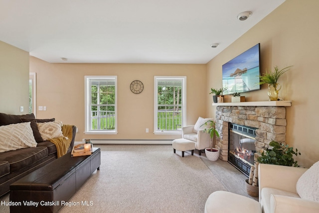 20 Cedar Ridge Rd, Stone Ridge, NY 12484 - living room featuring a baseboard radiator, carpet floors, and a fireplace