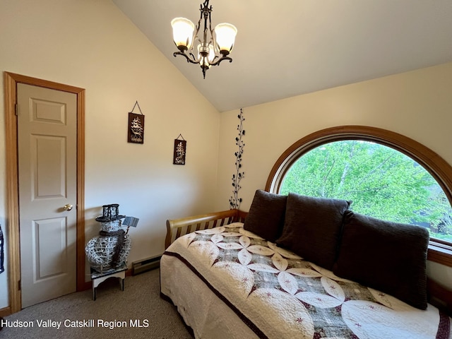 82 Liftside Dr Unit A13, Hunter, NY 12442 - carpeted bedroom with multiple windows, a chandelier, and lofted ceiling