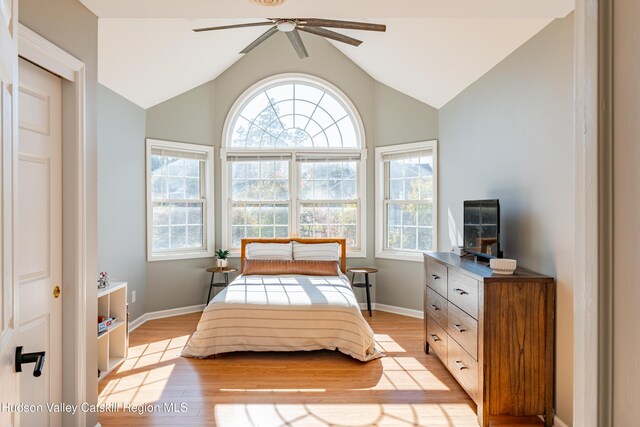 bedroom featuring ceiling fan, lofted ceiling, and light hardwood / wood-style flooring