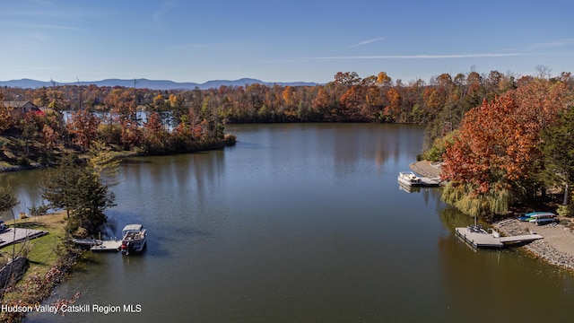 property view of water featuring a mountain view and a dock